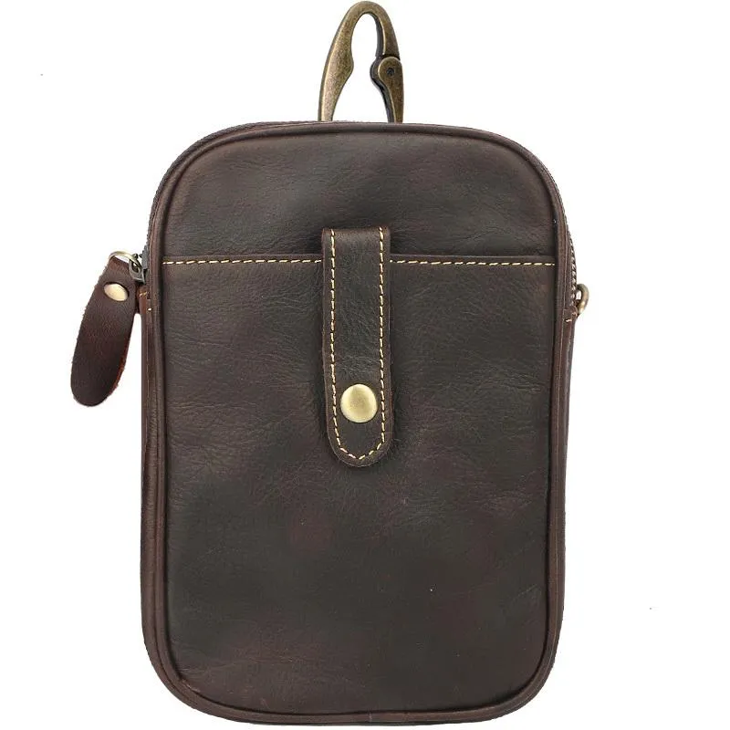 Dark Brown Vintage Leather Mens Small Messenger Bag Waist Bag Black Belt Pouch Bag For Men