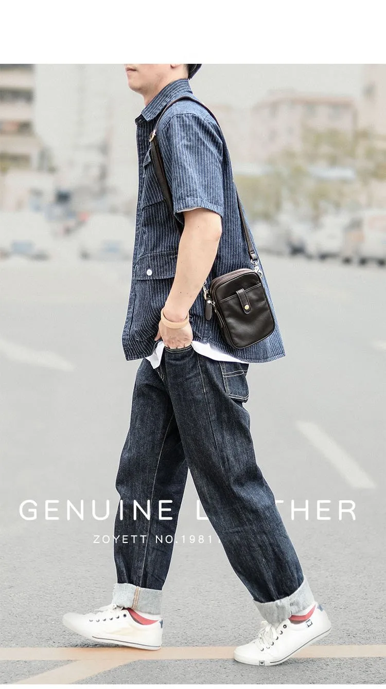 Dark Brown Vintage Leather Mens Small Messenger Bag Waist Bag Black Belt Pouch Bag For Men