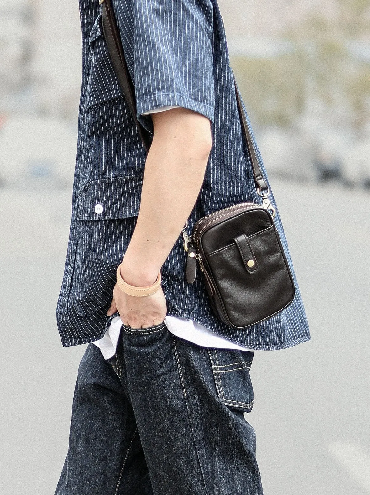 Dark Brown Vintage Leather Mens Small Messenger Bag Waist Bag Black Belt Pouch Bag For Men