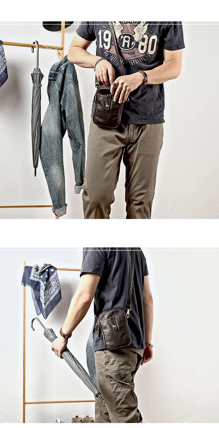 Dark Brown Vintage Leather Mens Small Messenger Bag Waist Bag Black Belt Pouch Bag For Men
