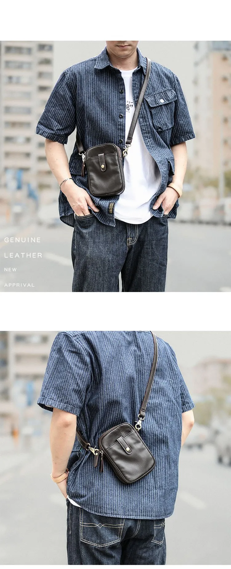 Dark Brown Vintage Leather Mens Small Messenger Bag Waist Bag Black Belt Pouch Bag For Men