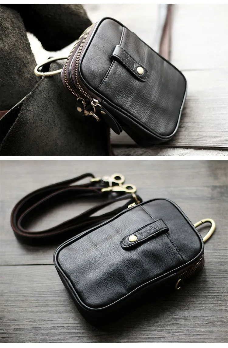 Dark Brown Vintage Leather Mens Small Messenger Bag Waist Bag Black Belt Pouch Bag For Men