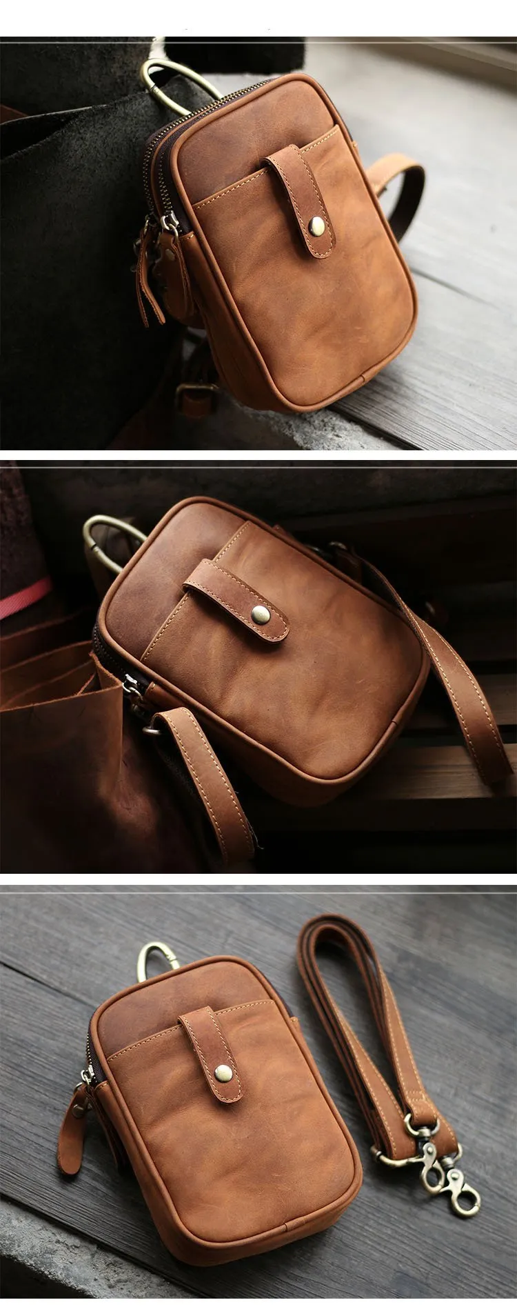 Dark Brown Vintage Leather Mens Small Messenger Bag Waist Bag Black Belt Pouch Bag For Men