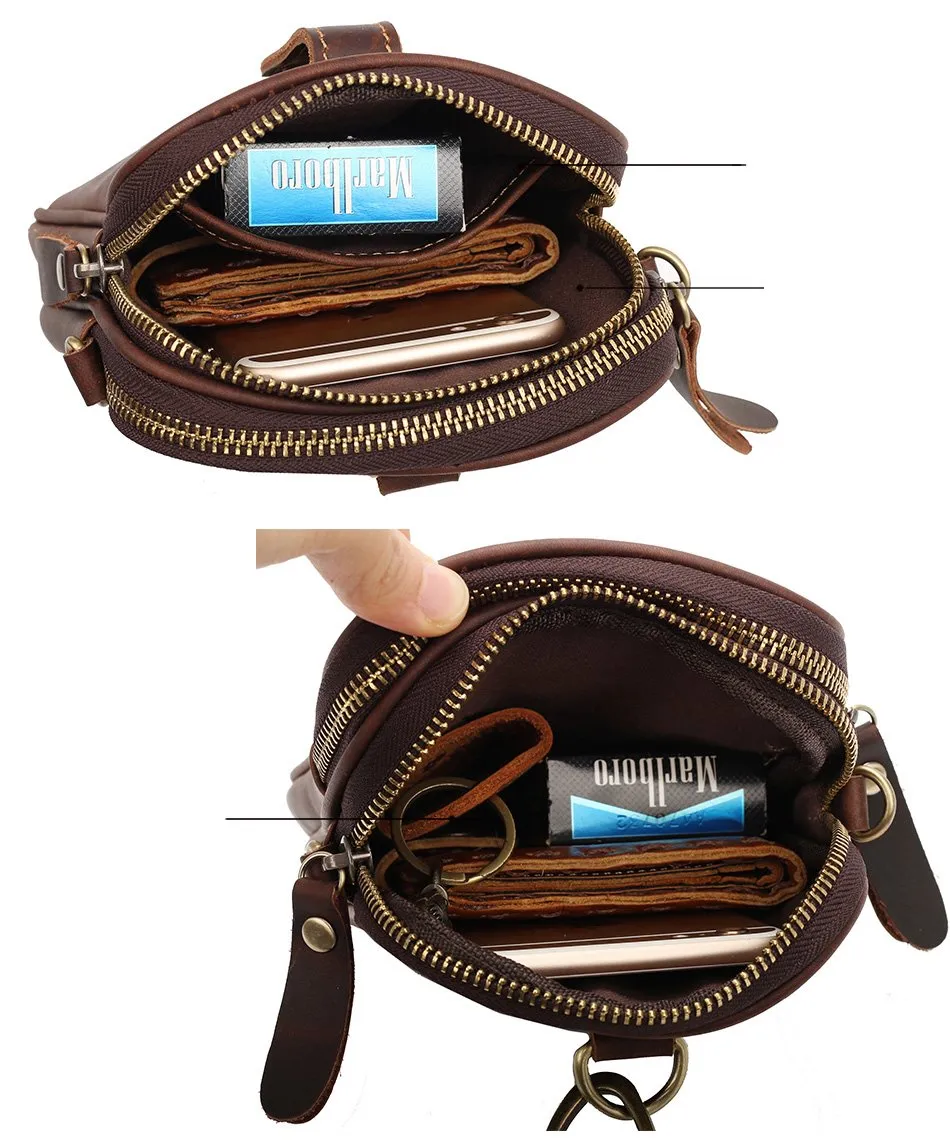 Dark Brown Vintage Leather Mens Small Messenger Bag Waist Bag Black Belt Pouch Bag For Men
