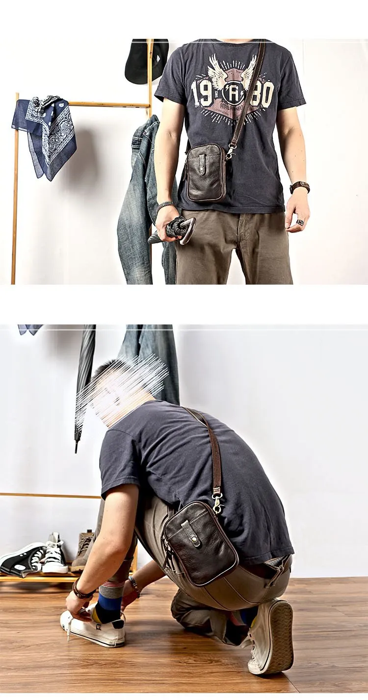 Dark Brown Vintage Leather Mens Small Messenger Bag Waist Bag Black Belt Pouch Bag For Men