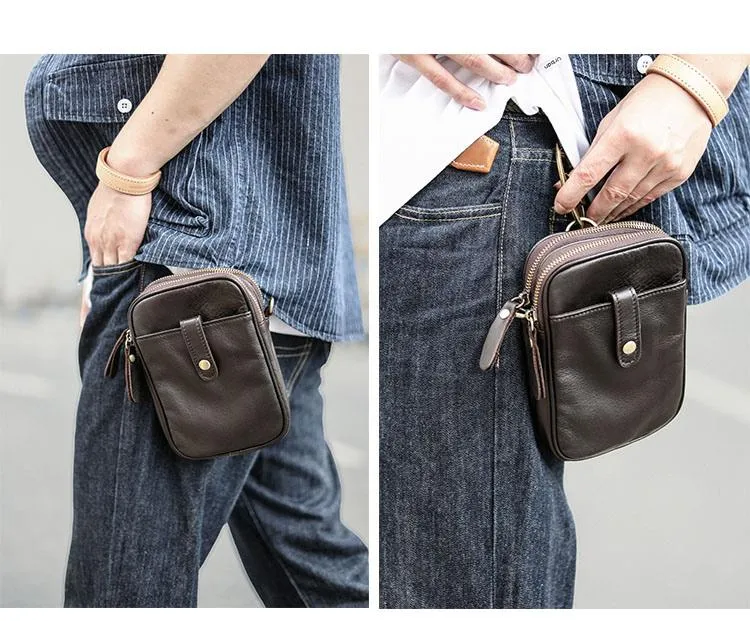 Dark Brown Vintage Leather Mens Small Messenger Bag Waist Bag Black Belt Pouch Bag For Men