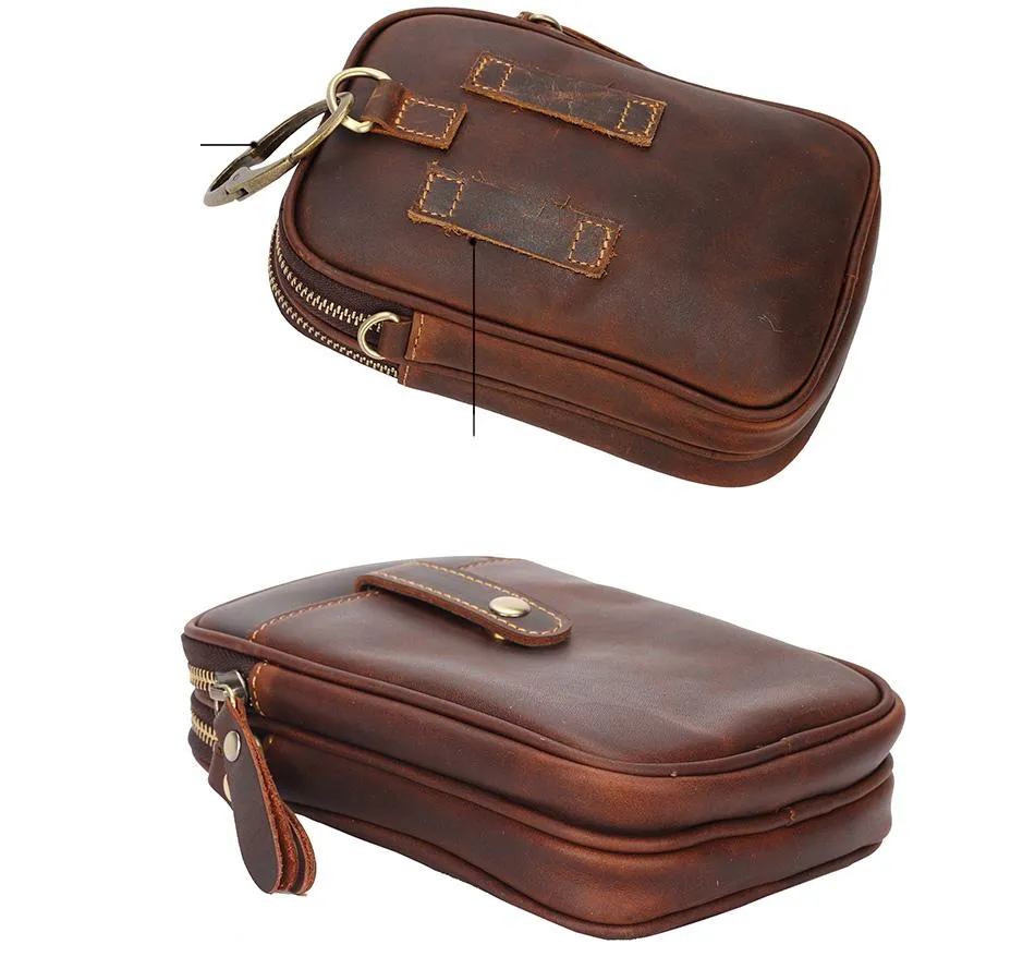 Dark Brown Vintage Leather Mens Small Messenger Bag Waist Bag Black Belt Pouch Bag For Men