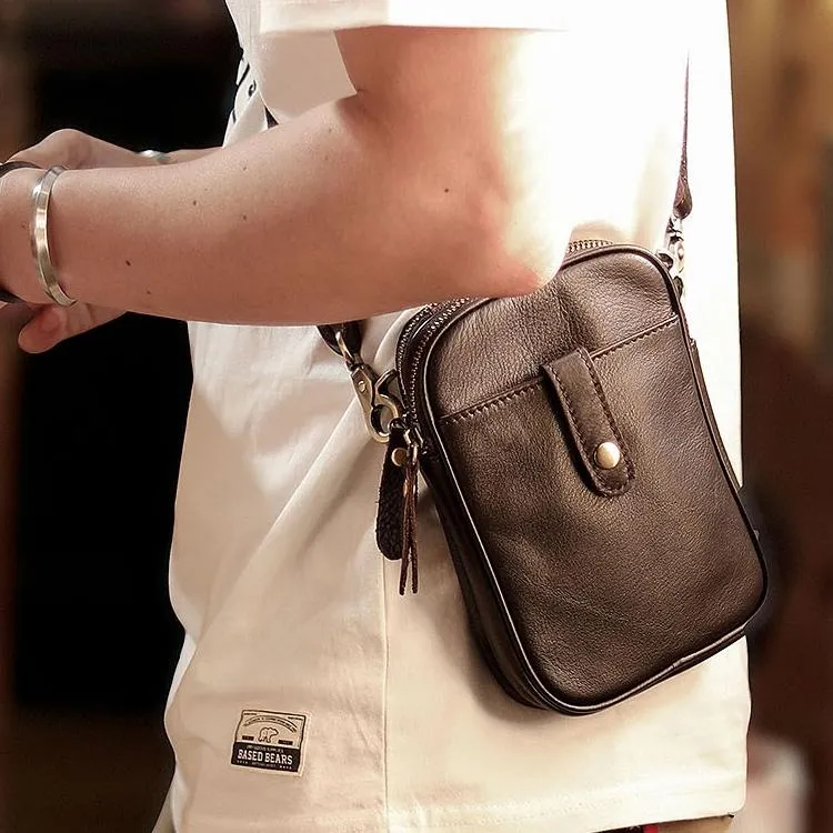 Dark Brown Vintage Leather Mens Small Messenger Bag Waist Bag Black Belt Pouch Bag For Men