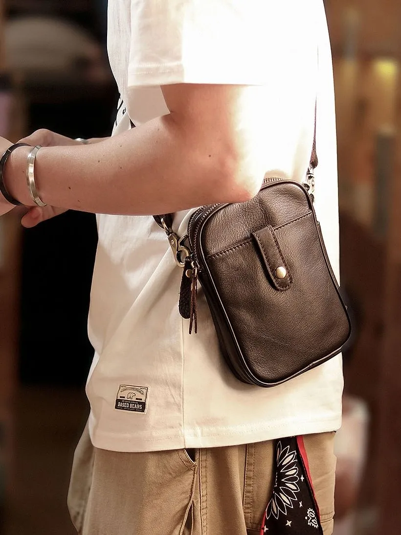 Dark Brown Vintage Leather Mens Small Messenger Bag Waist Bag Black Belt Pouch Bag For Men