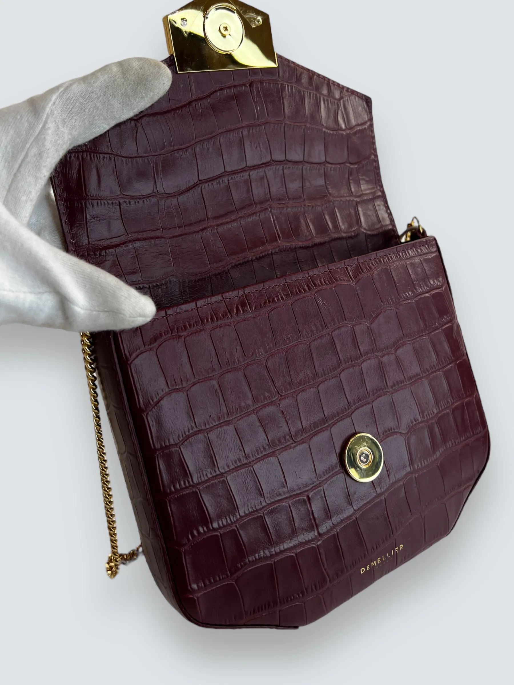 Demellier Burgundy Croc Embossed Leather Crossbody