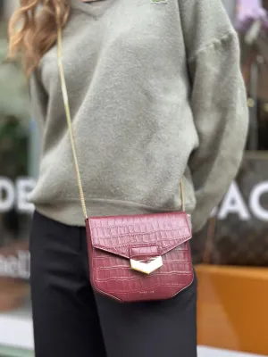 Demellier Burgundy Croc Embossed Leather Crossbody