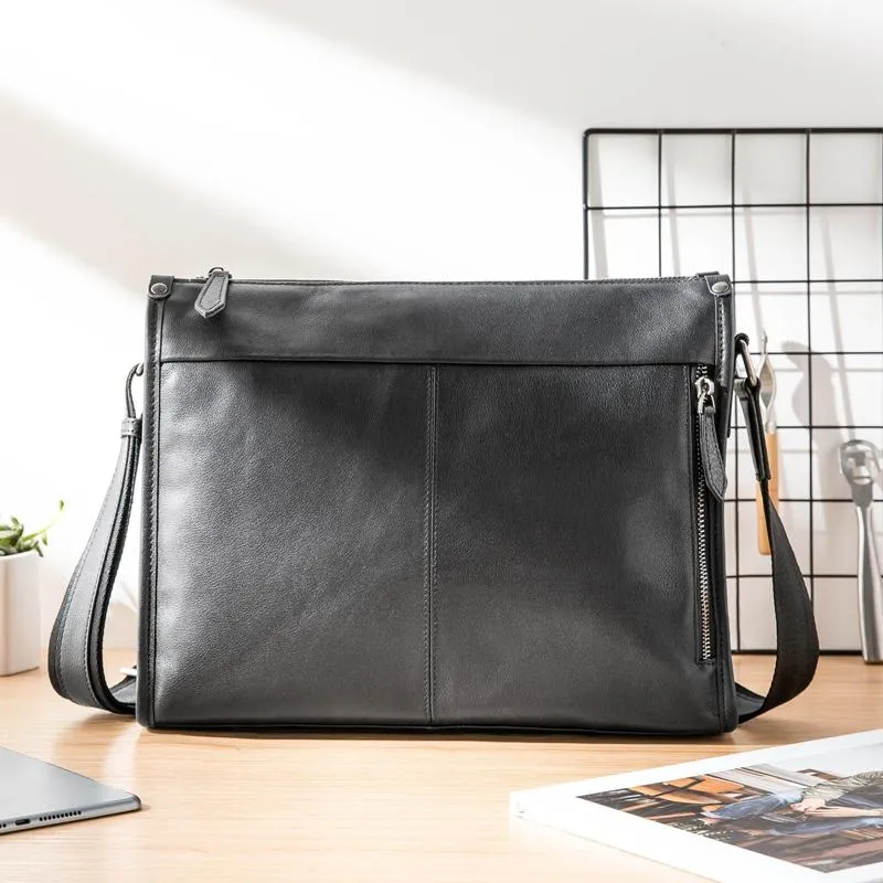 Fashion Black Leather Mens 12 inches Side Bag Messenger Bags Black Postman Bag Courier Bag for Men