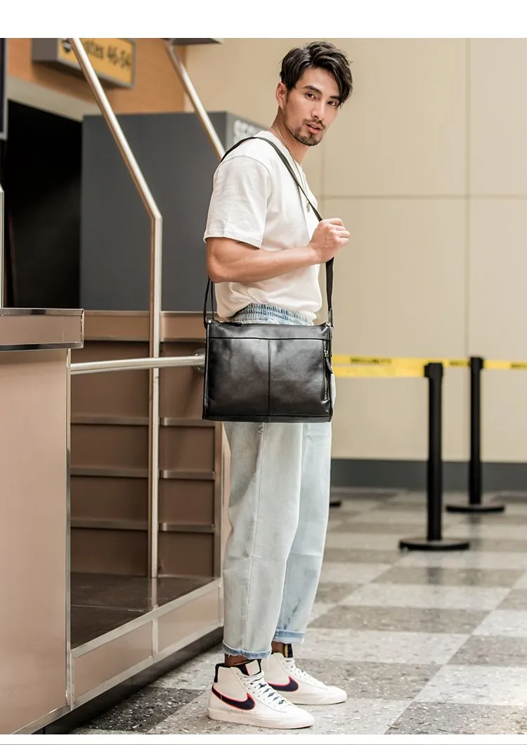 Fashion Black Leather Mens 12 inches Side Bag Messenger Bags Black Postman Bag Courier Bag for Men