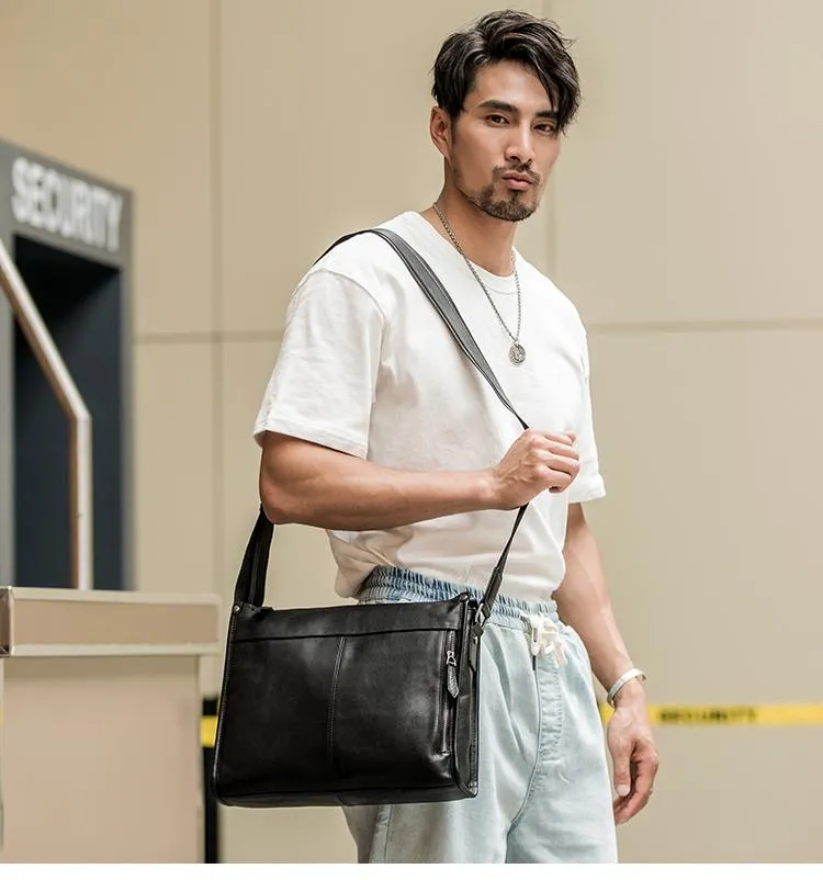 Fashion Black Leather Mens 12 inches Side Bag Messenger Bags Black Postman Bag Courier Bag for Men