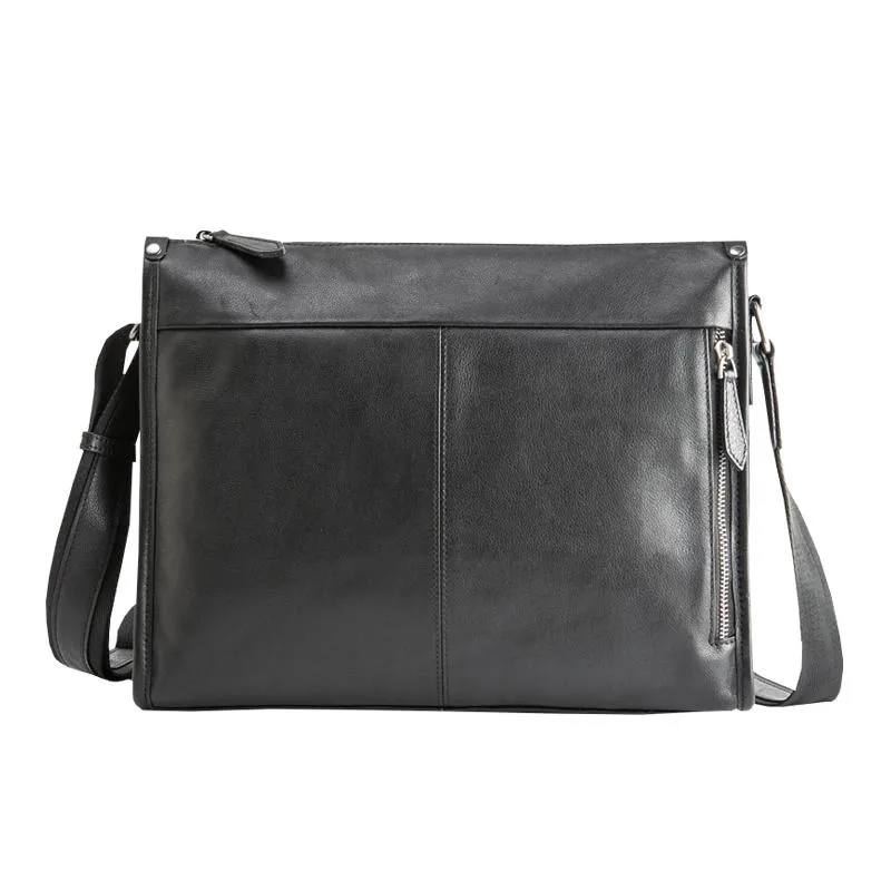 Fashion Black Leather Mens 12 inches Side Bag Messenger Bags Black Postman Bag Courier Bag for Men
