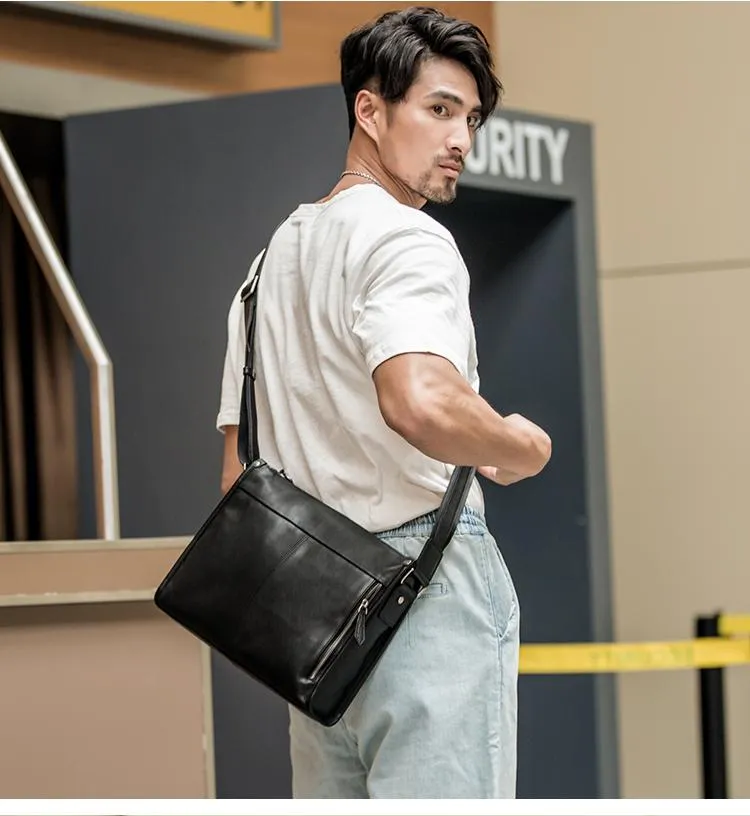 Fashion Black Leather Mens 12 inches Side Bag Messenger Bags Black Postman Bag Courier Bag for Men