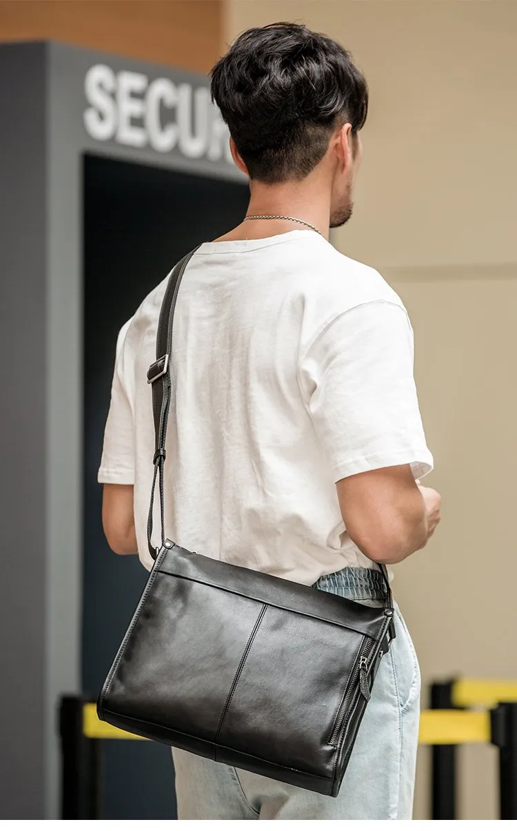 Fashion Black Leather Mens 12 inches Side Bag Messenger Bags Black Postman Bag Courier Bag for Men