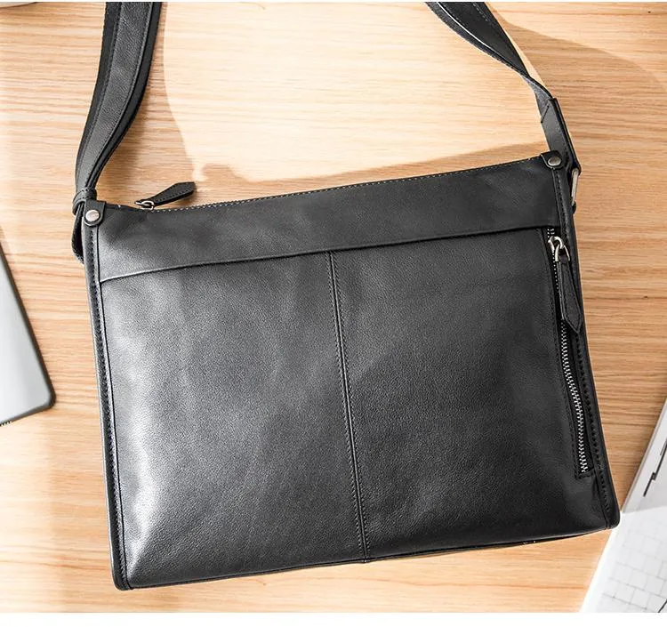 Fashion Black Leather Mens 12 inches Side Bag Messenger Bags Black Postman Bag Courier Bag for Men