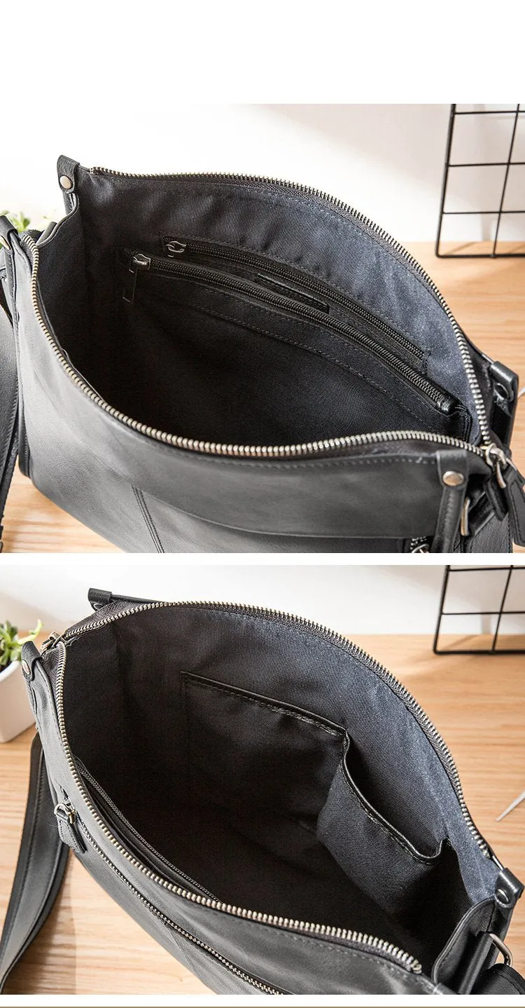 Fashion Black Leather Mens 12 inches Side Bag Messenger Bags Black Postman Bag Courier Bag for Men