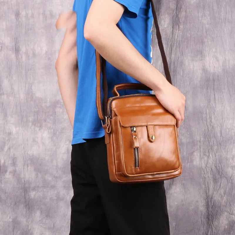 Fashion Brown Leather Men's Small Vertical Courier Bag Messenger Bag Side Bag For Men