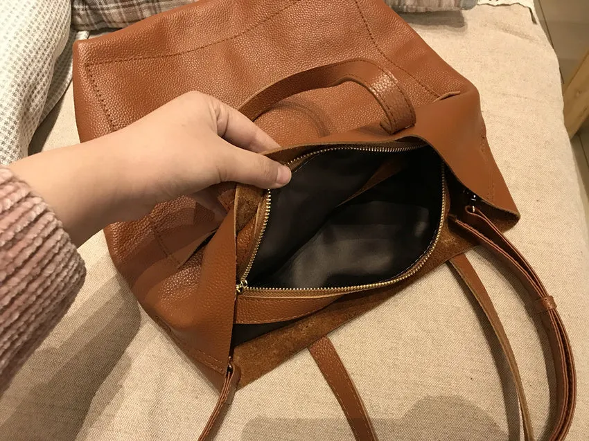 Fashion Womens Brown Leather Vertical Tote Bag Black Shoulder Tote Bag Handbag Tote For Women