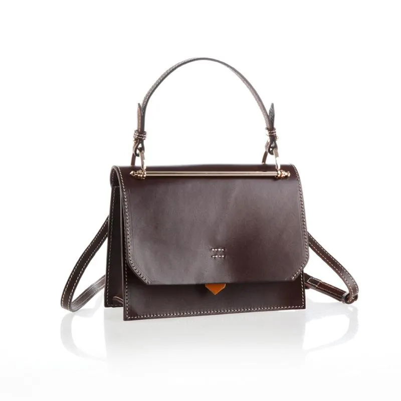 Fashion Womens Coffee Leather Flap Over Handbag Purse Handmade Square Crossbody Bag Shoulder Bag Purse