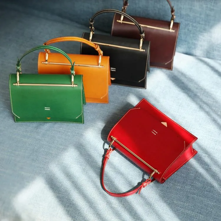 Fashion Womens Coffee Leather Flap Over Handbag Purse Handmade Square Crossbody Bag Shoulder Bag Purse