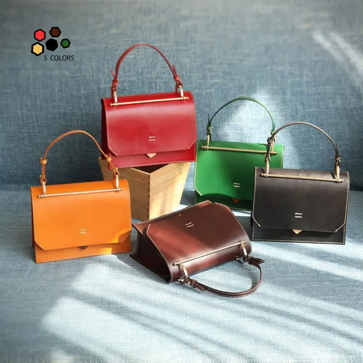 Fashion Womens Coffee Leather Flap Over Handbag Purse Handmade Square Crossbody Bag Shoulder Bag Purse