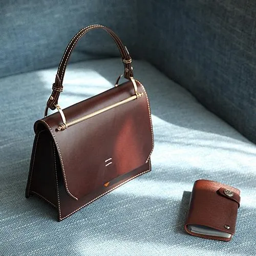 Fashion Womens Coffee Leather Flap Over Handbag Purse Handmade Square Crossbody Bag Shoulder Bag Purse