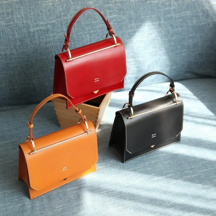 Fashion Womens Coffee Leather Flap Over Handbag Purse Handmade Square Crossbody Bag Shoulder Bag Purse
