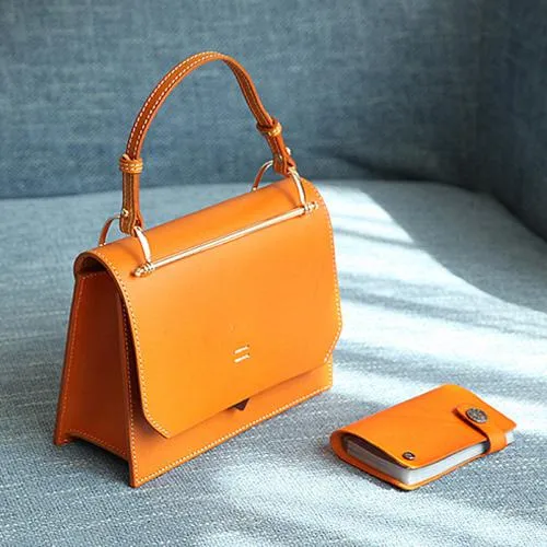 Fashion Womens Coffee Leather Flap Over Handbag Purse Handmade Square Crossbody Bag Shoulder Bag Purse