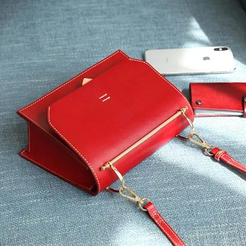 Fashion Womens Coffee Leather Flap Over Handbag Purse Handmade Square Crossbody Bag Shoulder Bag Purse