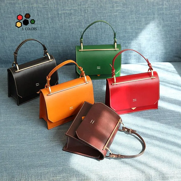 Fashion Womens Coffee Leather Flap Over Handbag Purse Handmade Square Crossbody Bag Shoulder Bag Purse