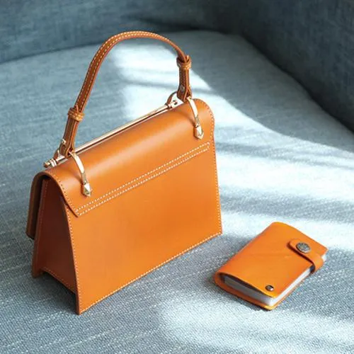 Fashion Womens Coffee Leather Flap Over Handbag Purse Handmade Square Crossbody Bag Shoulder Bag Purse