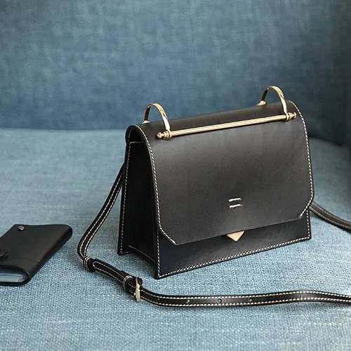 Fashion Womens Coffee Leather Flap Over Handbag Purse Handmade Square Crossbody Bag Shoulder Bag Purse