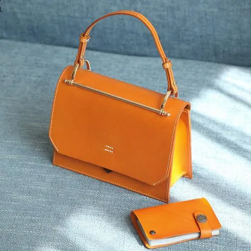 Fashion Womens Coffee Leather Flap Over Handbag Purse Handmade Square Crossbody Bag Shoulder Bag Purse