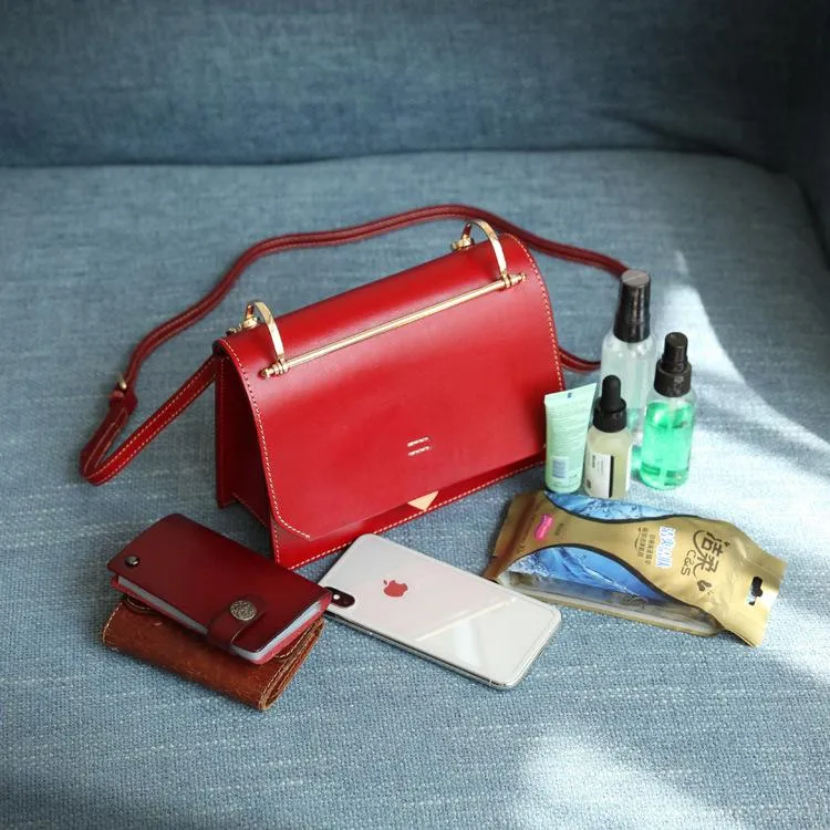Fashion Womens Coffee Leather Flap Over Handbag Purse Handmade Square Crossbody Bag Shoulder Bag Purse
