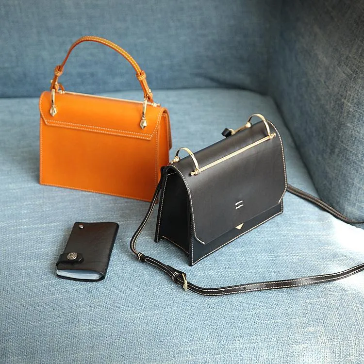 Fashion Womens Coffee Leather Flap Over Handbag Purse Handmade Square Crossbody Bag Shoulder Bag Purse