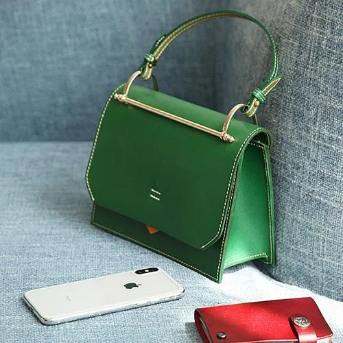 Fashion Womens Coffee Leather Flap Over Handbag Purse Handmade Square Crossbody Bag Shoulder Bag Purse