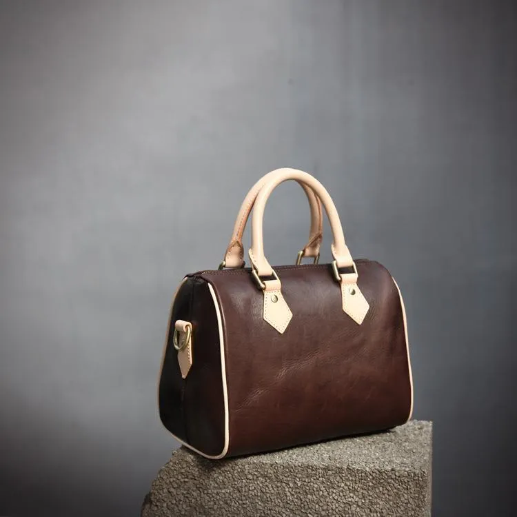 Fashion Womens Coffee Leather Small Boston Handbag Best Coffee Leather Boston Purse Side Bag