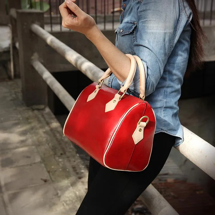 Fashion Womens Coffee Leather Small Boston Handbag Best Coffee Leather Boston Purse Side Bag