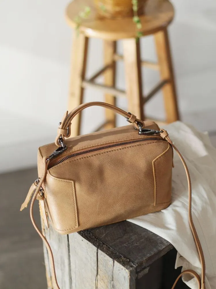 Fashion Women's Small Leather Black Satchel Handbags Brown Cube Square Shoulder Bag Crossbody Bag