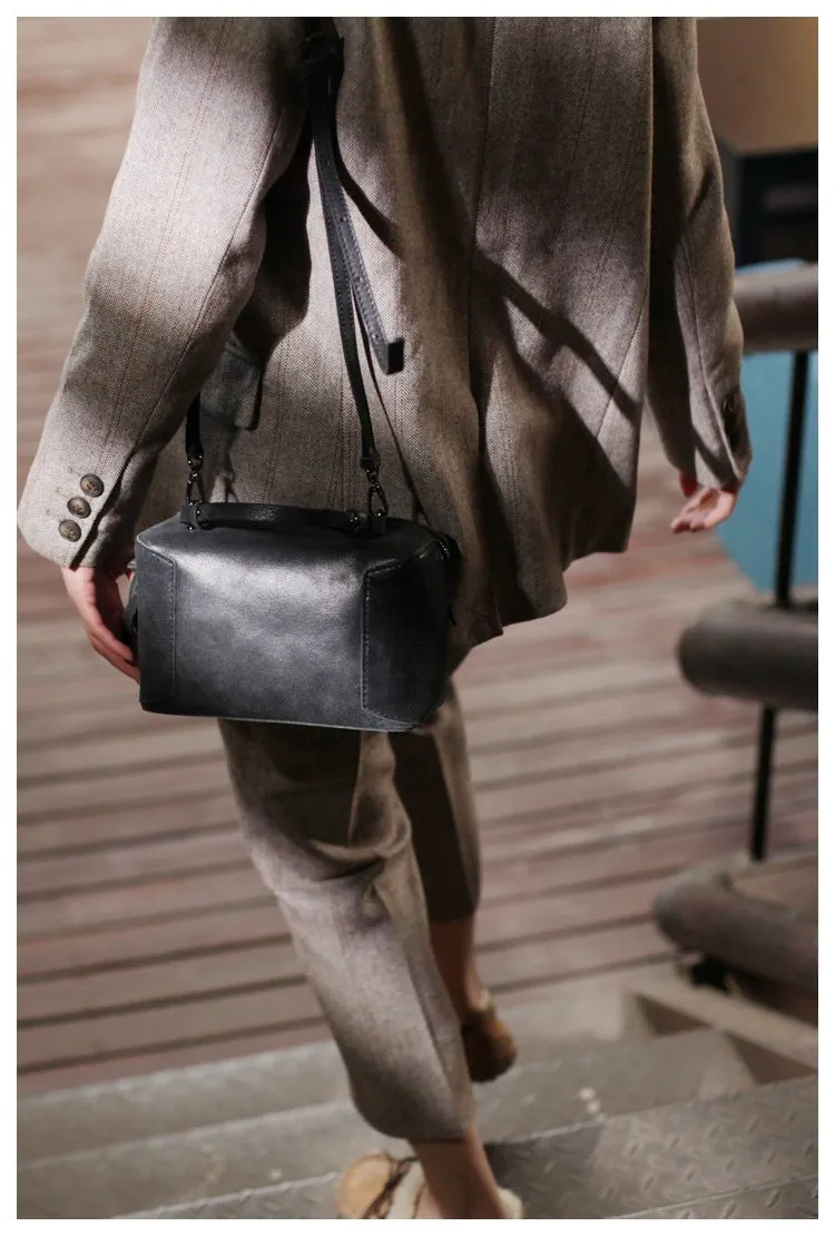Fashion Women's Small Leather Black Satchel Handbags Brown Cube Square Shoulder Bag Crossbody Bag