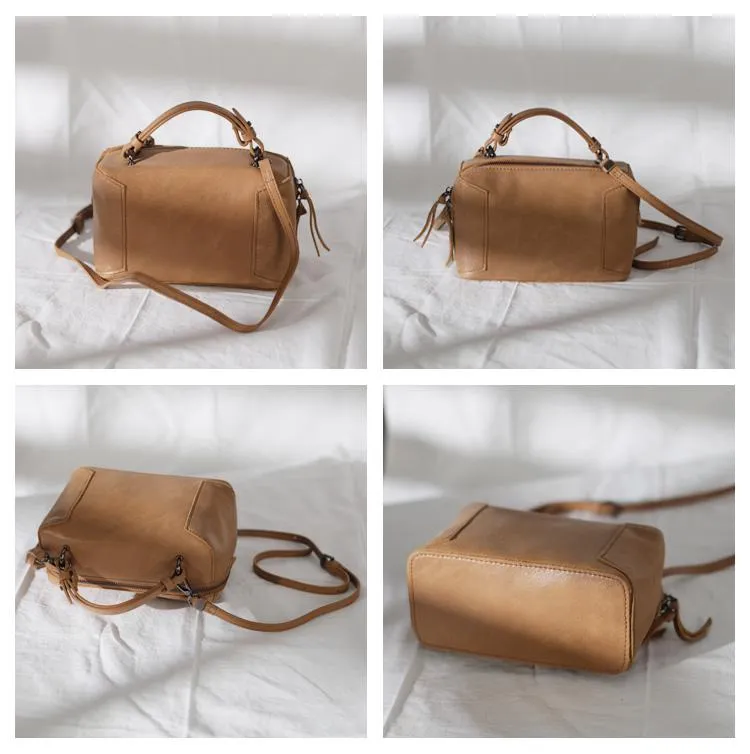 Fashion Women's Small Leather Black Satchel Handbags Brown Cube Square Shoulder Bag Crossbody Bag