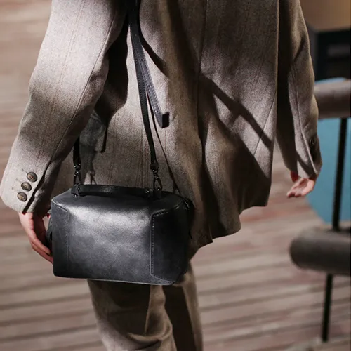 Fashion Women's Small Leather Black Satchel Handbags Brown Cube Square Shoulder Bag Crossbody Bag