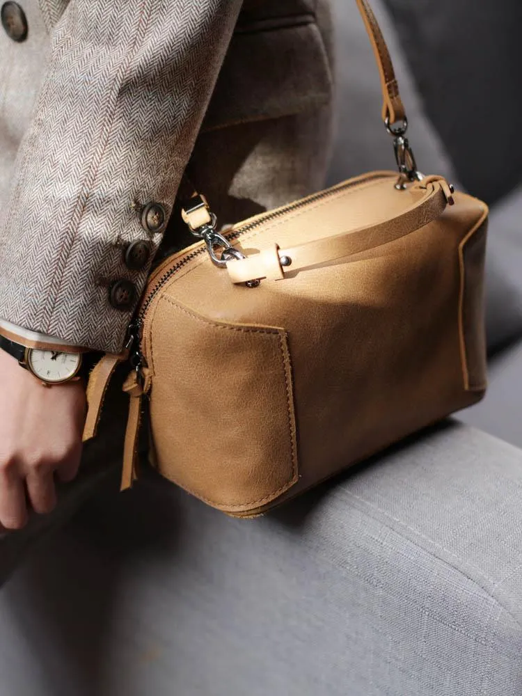 Fashion Women's Small Leather Black Satchel Handbags Brown Cube Square Shoulder Bag Crossbody Bag