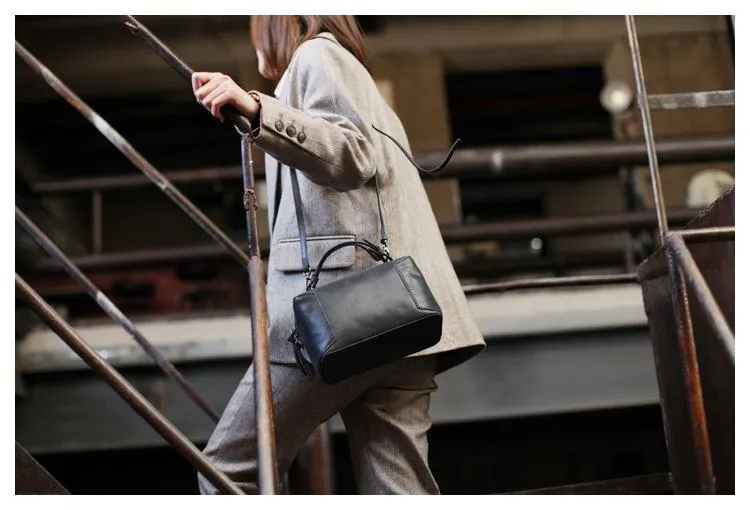 Fashion Women's Small Leather Black Satchel Handbags Brown Cube Square Shoulder Bag Crossbody Bag