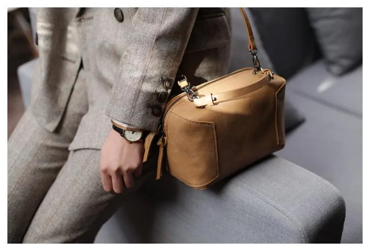 Fashion Women's Small Leather Black Satchel Handbags Brown Cube Square Shoulder Bag Crossbody Bag
