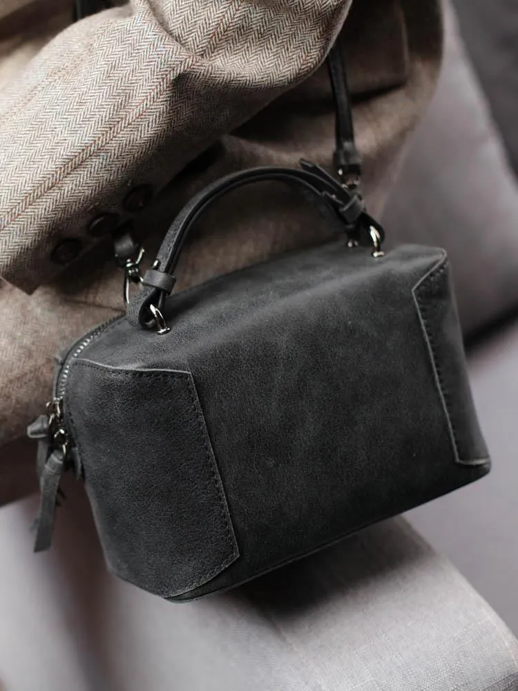 Fashion Women's Small Leather Black Satchel Handbags Brown Cube Square Shoulder Bag Crossbody Bag