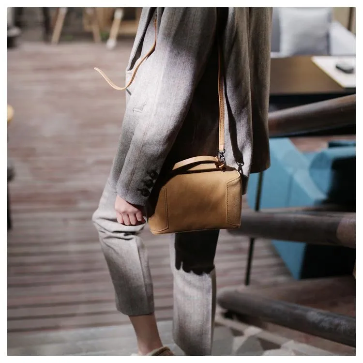 Fashion Women's Small Leather Black Satchel Handbags Brown Cube Square Shoulder Bag Crossbody Bag